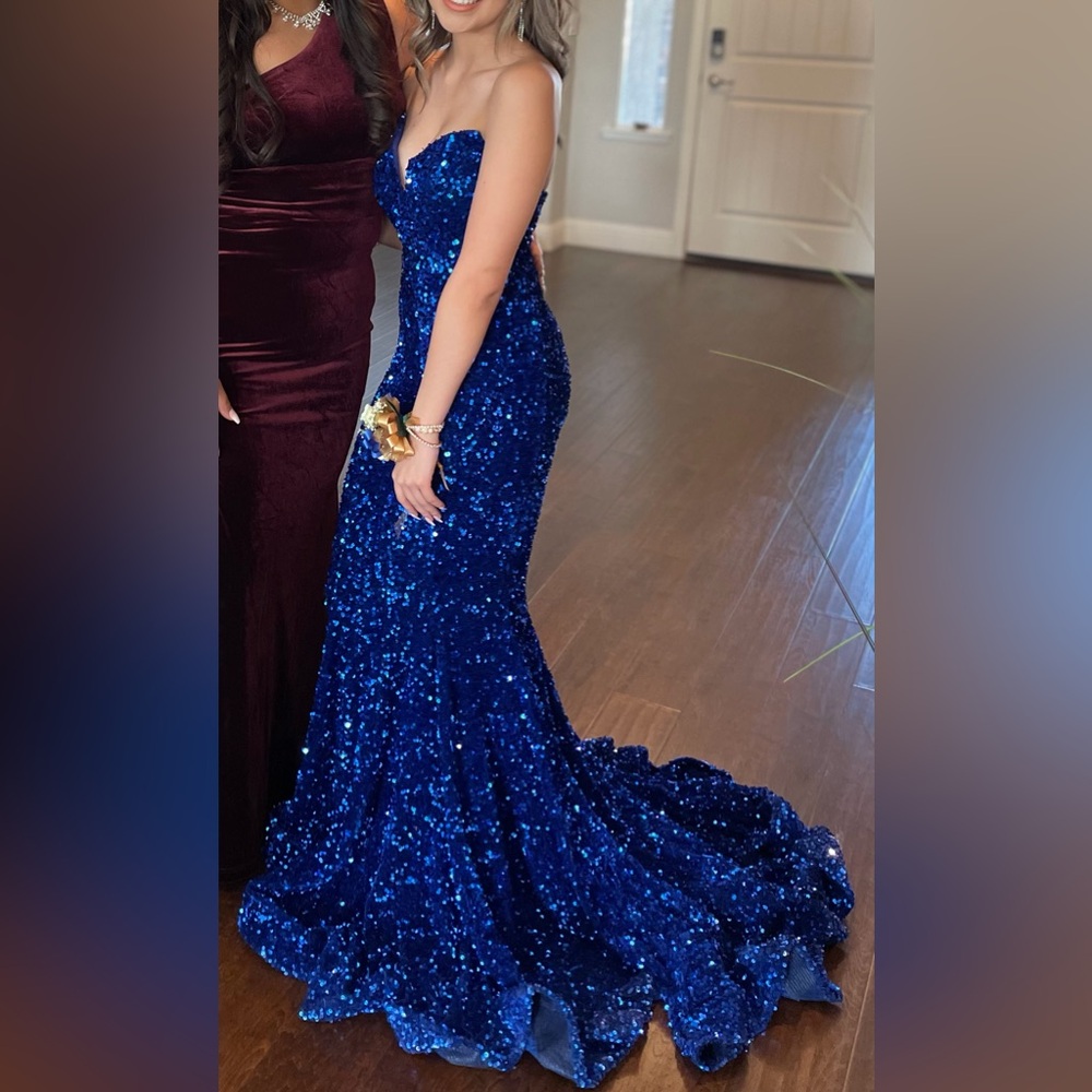 Used Women’s Royal Blue Sequin Mermaid Dress - Strapless Prom Gown